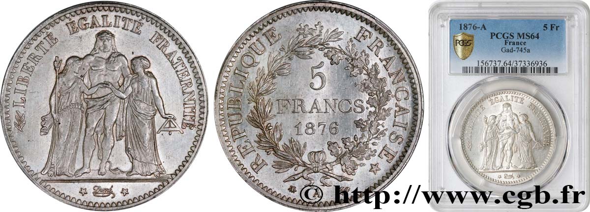 5 francs Hercule 1876 Paris F.334/17 fST64 PCGS