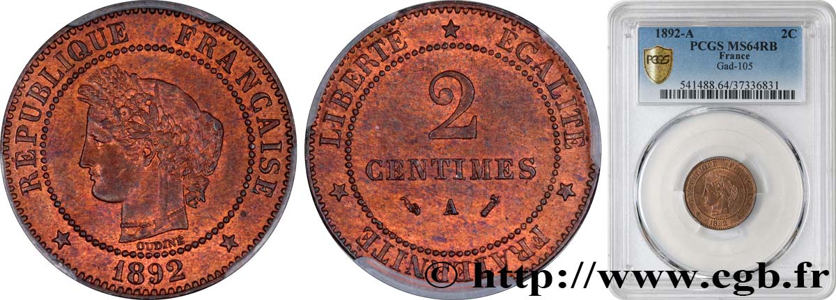 2 centimes Cérès 1892 Paris F.109/18 SPL64 PCGS