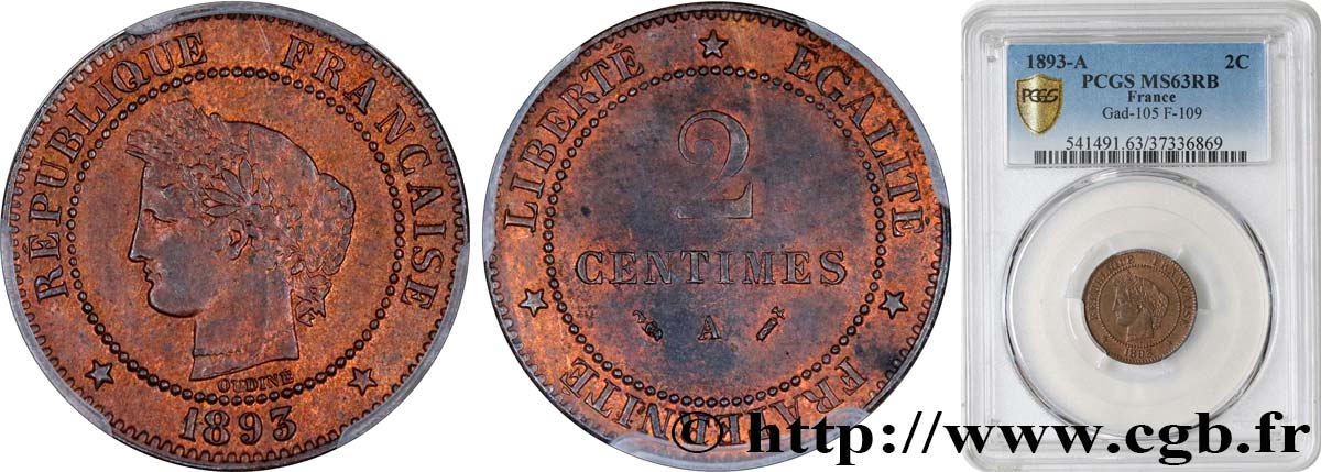 2 centimes Cérès 1893 Paris F.109/19 MS63 PCGS