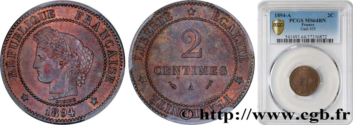 2 centimes Cérès 1894 Paris F.109/20 fST64 PCGS