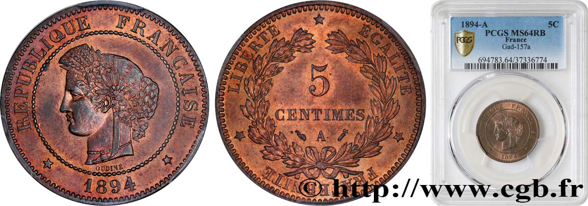 5 centimes Cérès 1894 Paris F.118/36 SPL64 PCGS