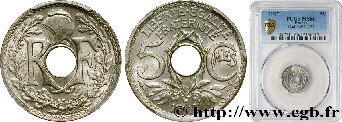 5 centimes Lindauer, grand module 1917 Paris F.121/1 MS66 PCGS