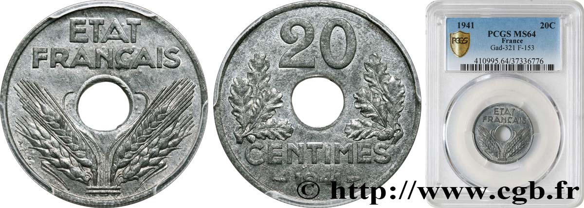 20 centimes État français, lourde 1941  F.153/2 MS64 PCGS