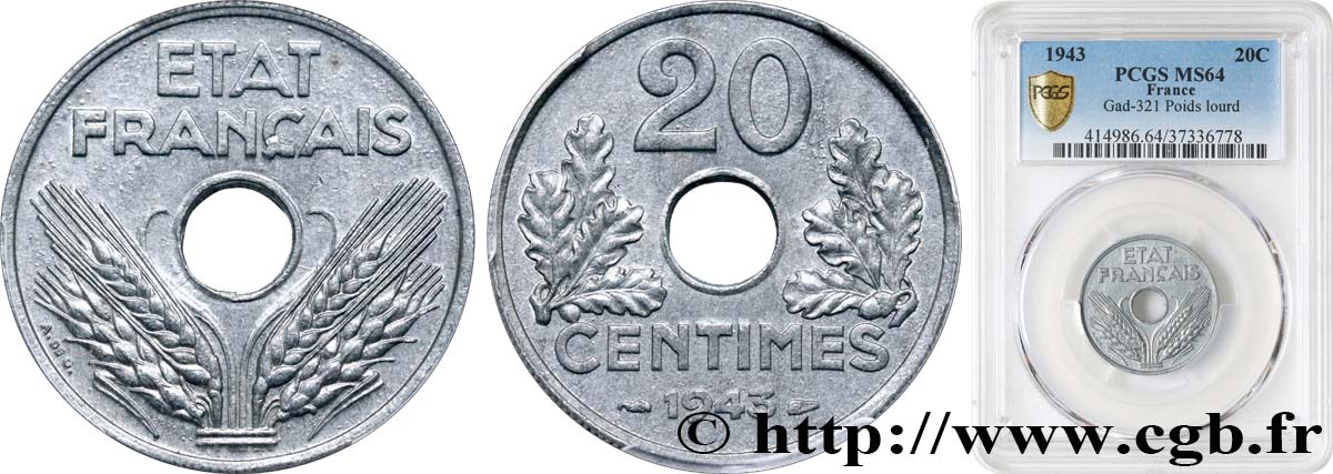 20 centimes État français, lourde 1943  F.153/5 SPL64 PCGS