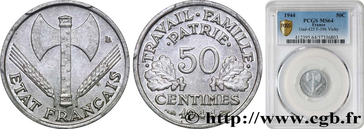 50 centimes Francisque, légère 1944  F.196/4 SC64 PCGS