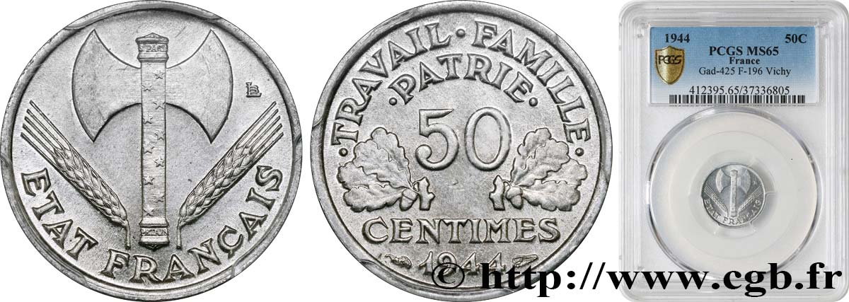 50 centimes Francisque, légère 1944  F.196/4 FDC65 PCGS