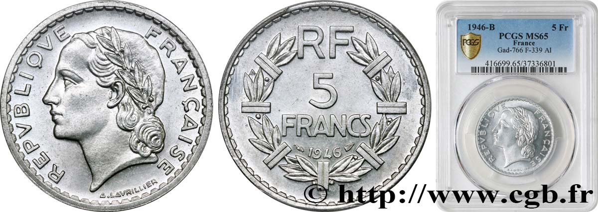 5 francs Lavrillier, aluminium 1946 Beaumont-Le-Roger F.339/7 FDC65 PCGS