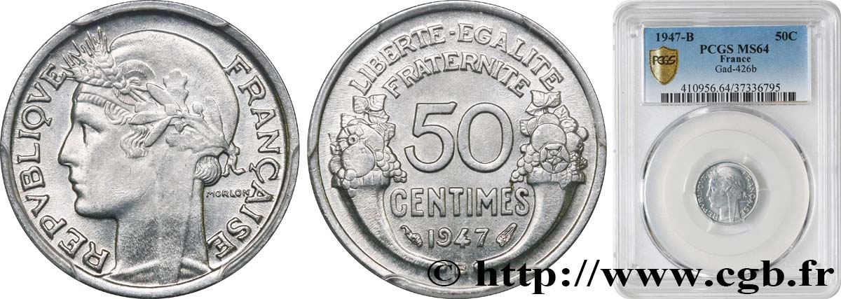 50 centimes Morlon, légère 1947 Beaumont-le-Roger F.194/11 MS64 PCGS