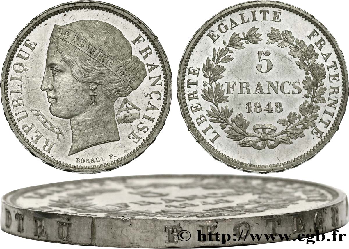 Concours de 5 francs, essai en étain par Borrel, tranche en relief 1848 Paris VG.3063 var. VZ+ 