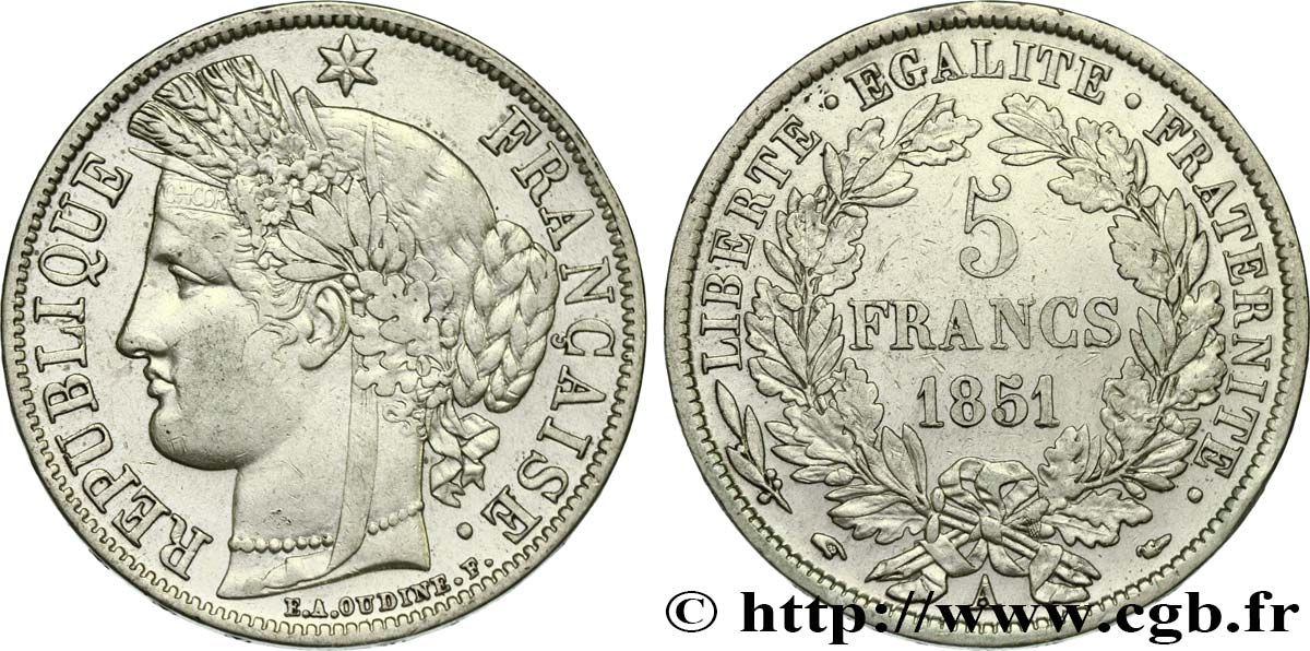 5 francs Cérès, IIe République 1851 Paris F.327/7 XF 