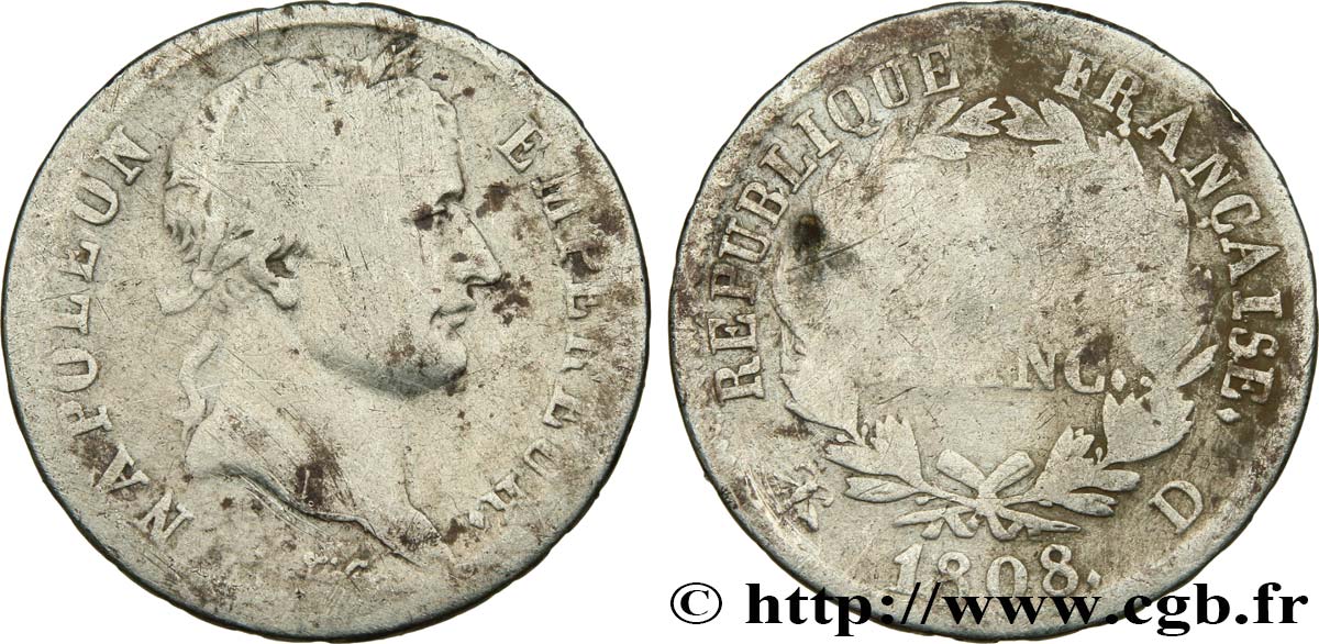 1 franc Napoléon Ier tête laurée, République française 1808 Lyon F.204/5 SGE 