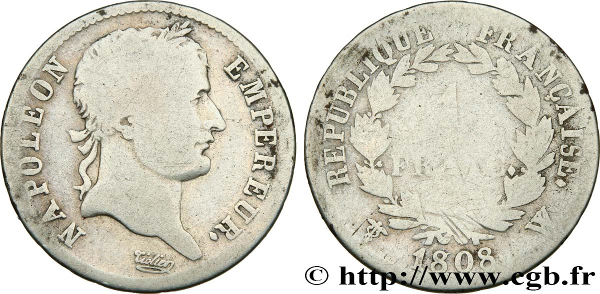 1 franc Napoléon Ier tête laurée, République française 1808 Lille F.204/15 B6 