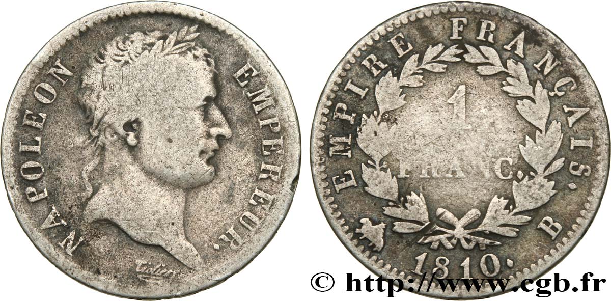 1 franc Napoléon Ier tête laurée, Empire français 1810 Rouen F.205/14 TB25 
