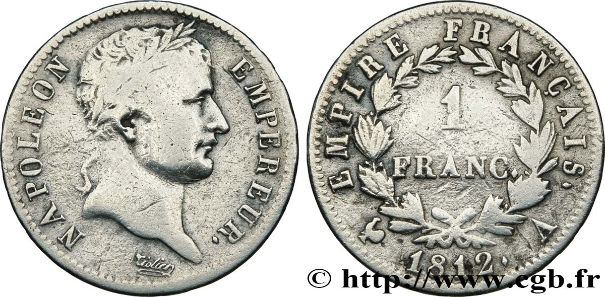 1 franc Napoléon Ier tête laurée, Empire français 1812 Paris F.205/42 VF 