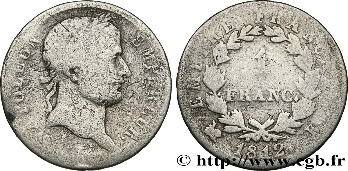 1 franc Napoléon Ier tête laurée, Empire français 1812 Bordeaux F.205/48 RC 