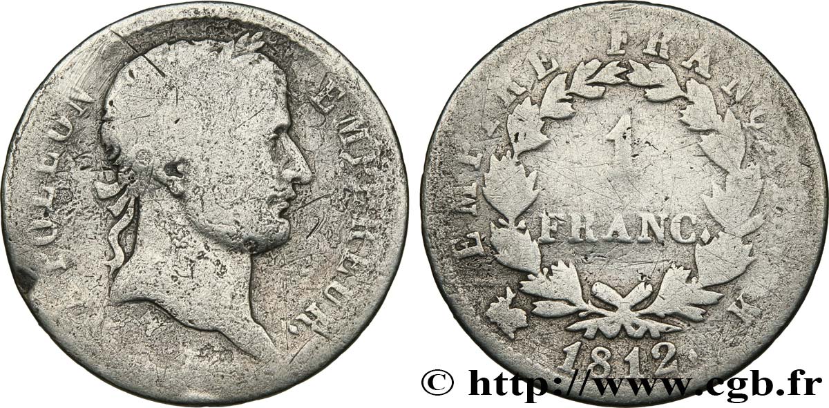 1 franc Napoléon Ier tête laurée, Empire français 1812 Bordeaux F.205/48 VG 