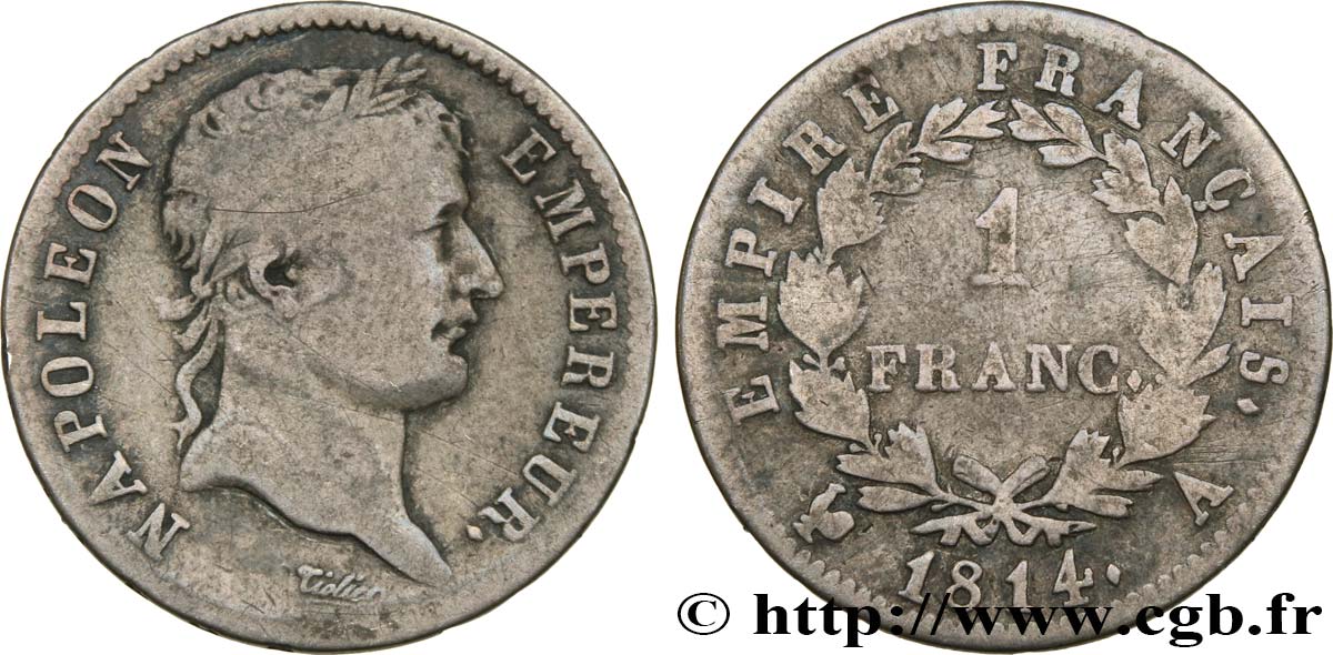 1 franc Napoléon Ier tête laurée, Empire français 1814 Paris F.205/74 BC20 
