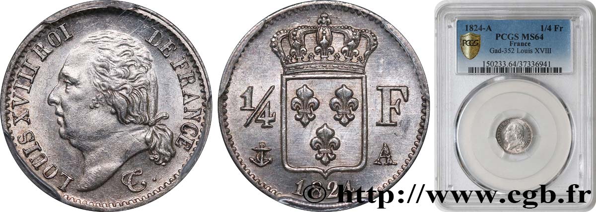 1/4 franc Louis XVIII  1824 Paris F.163/31 SC64 PCGS