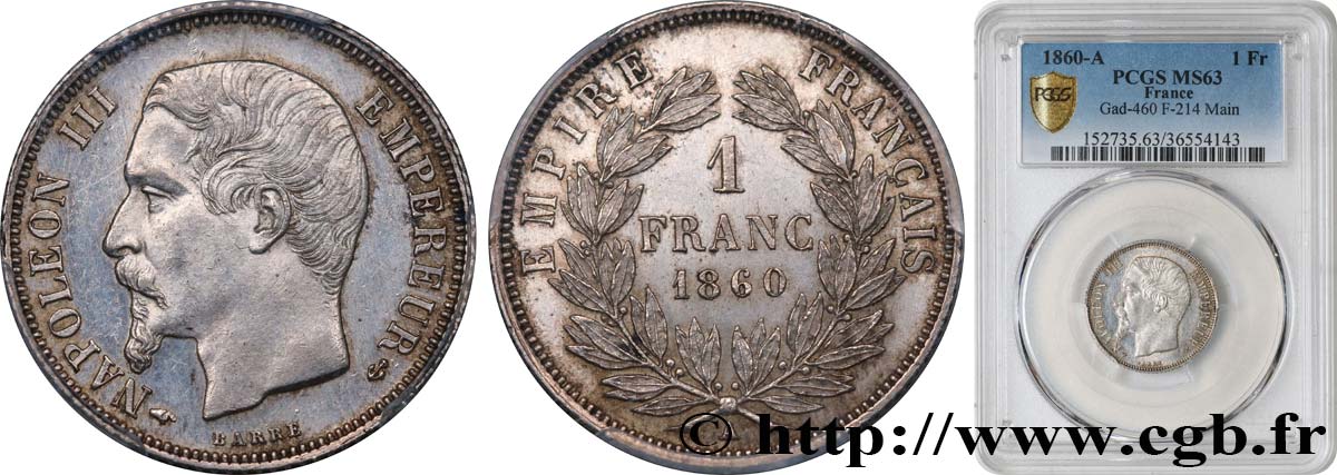 1 franc Napoléon III, tête nue 1860 Paris F.214/14 MS63 PCGS