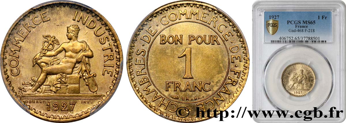 1 franc Chambres de Commerce 1927 Paris F.218/9 FDC65 PCGS