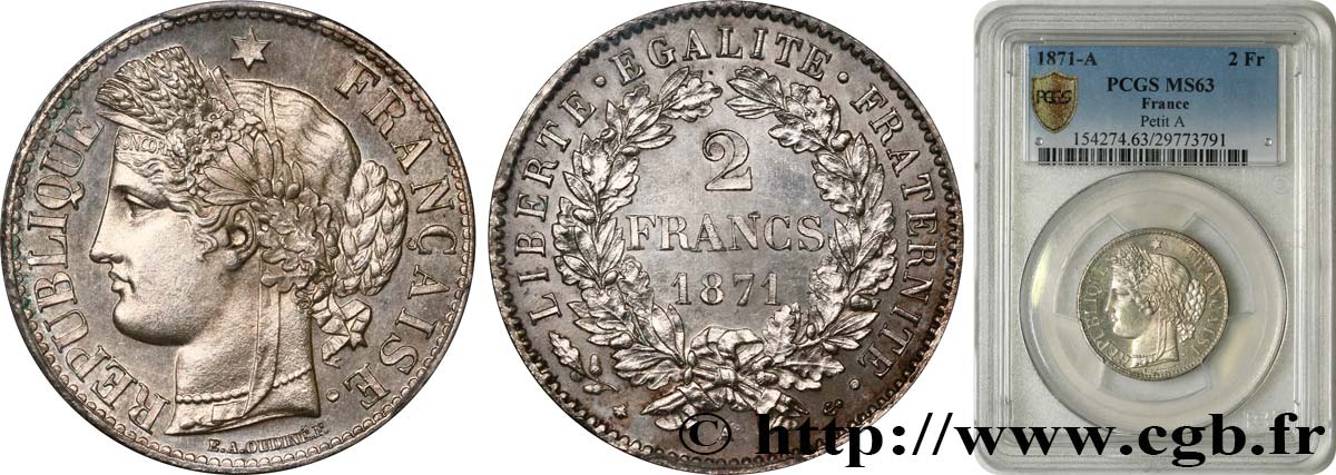 2 francs Cérès, avec légende 1871 Paris F.265/5 SC63 PCGS