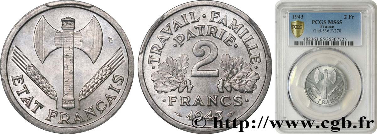 2 francs Francisque 1943  F.270/2 MS65 PCGS