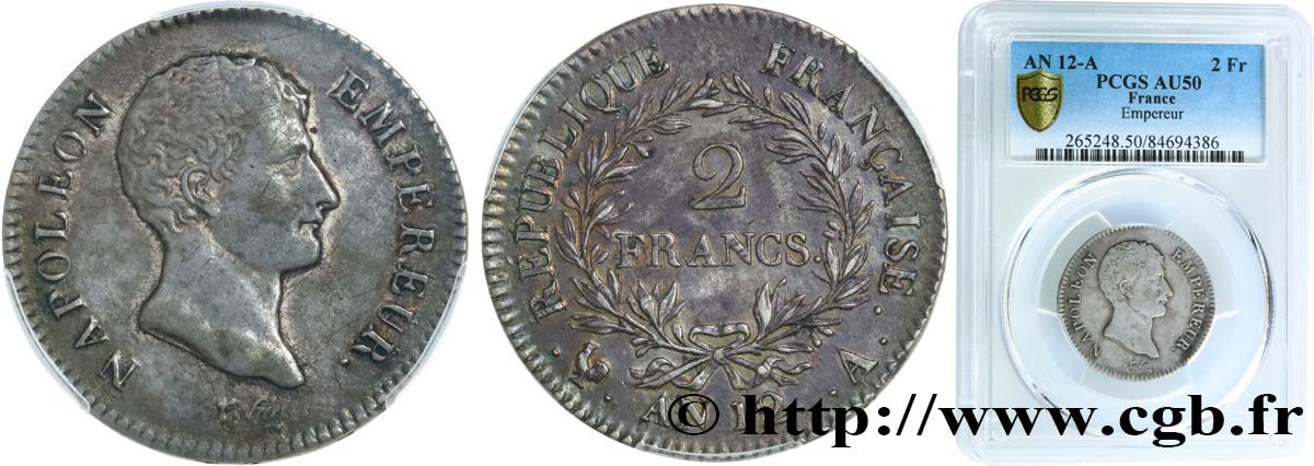2 francs Napoléon Empereur, Calendrier révolutionnaire 1804 Paris F.251/1 SS50 PCGS