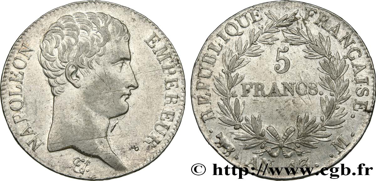 5 francs Napoléon Empereur, Calendrier révolutionnaire 1805 Toulouse F.303/13 TTB53 