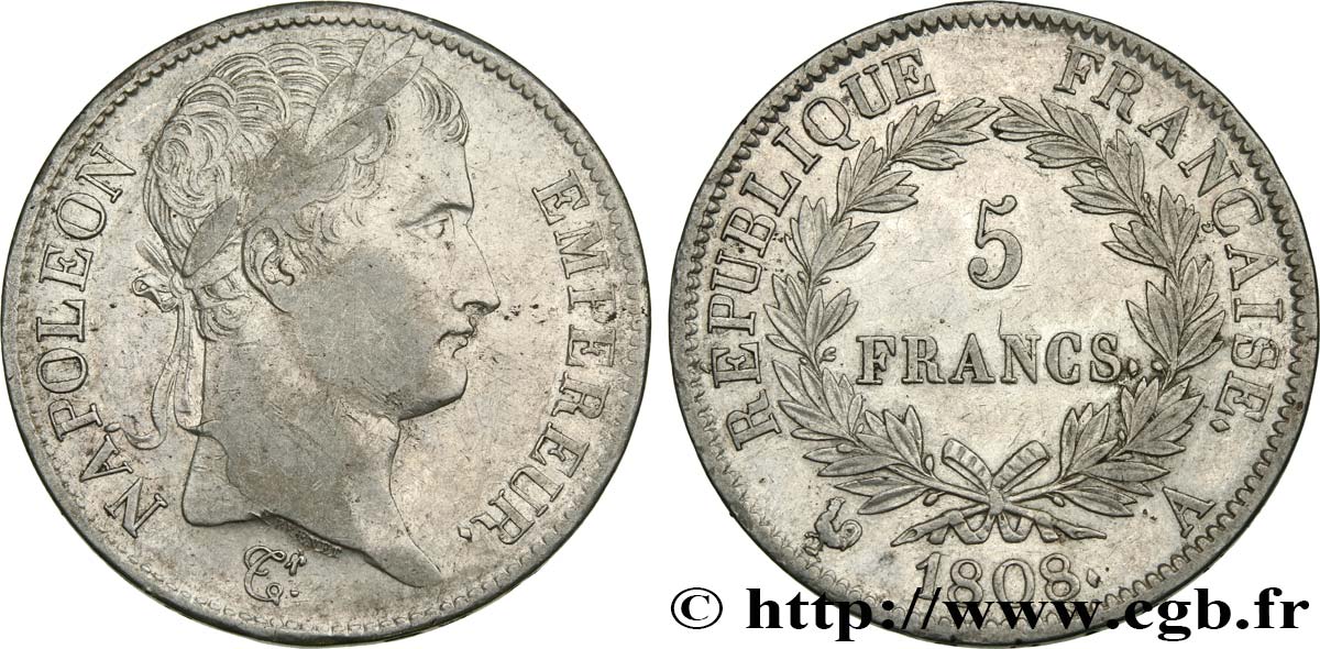 5 francs Napoléon Empereur, République française 1808 Paris F.306/2 SS48 
