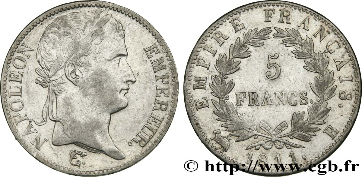 5 francs Napoléon Empereur, Empire français 1811 Rouen F.307/28 AU50 