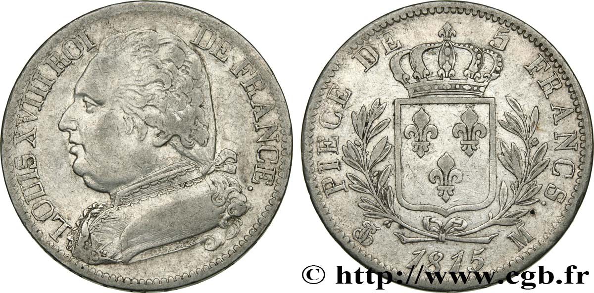 5 francs Louis XVIII, buste habillé 1815 Toulouse F.308/25 XF40 