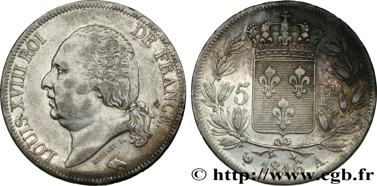5 francs Louis XVIII, tête nue 1816  Paris F.309/1 MBC 