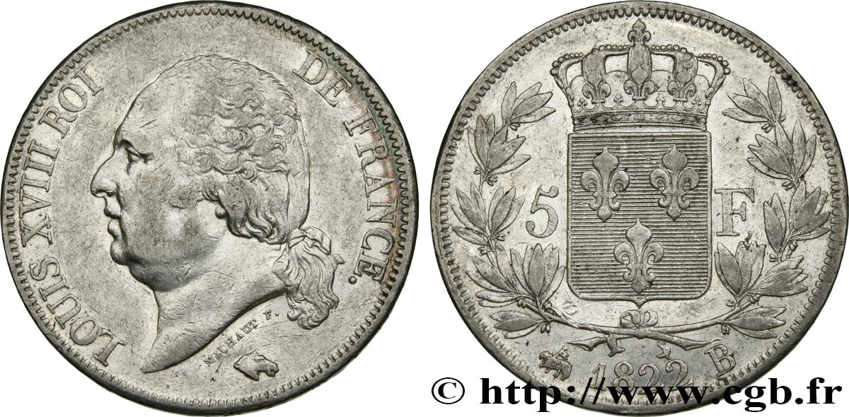 5 francs Louis XVIII, tête nue 1822 Rouen F.309/70 XF45 