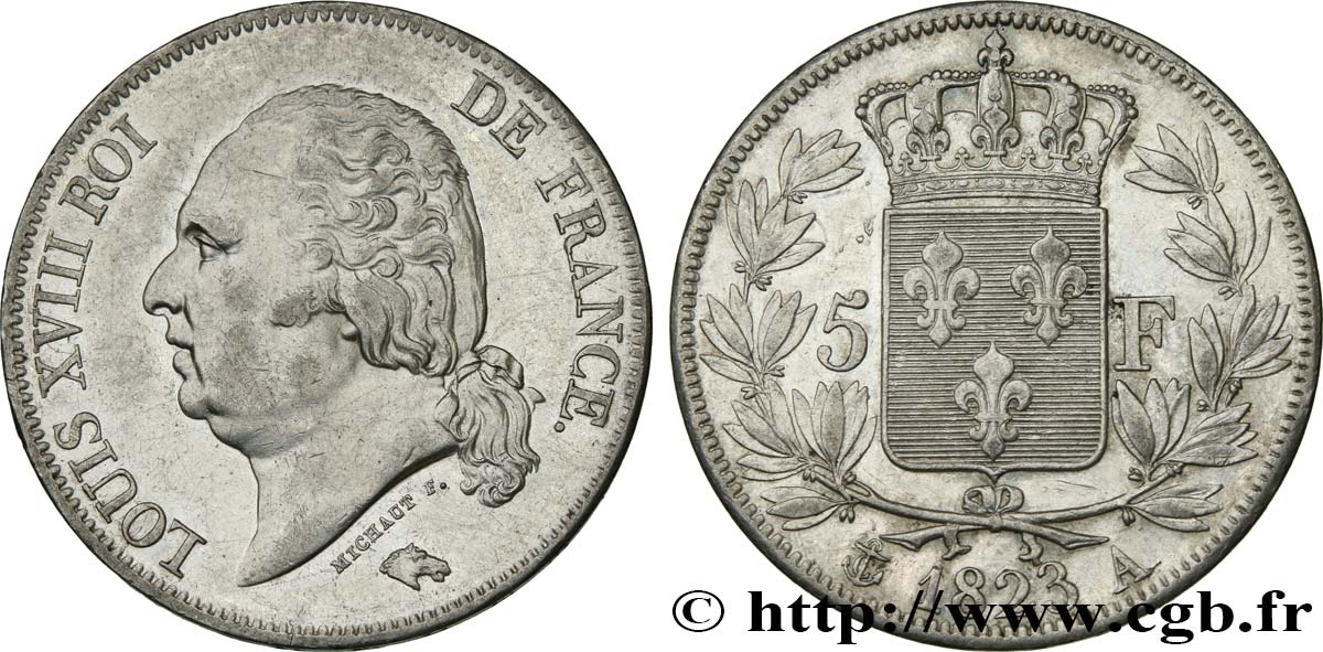 5 francs Louis XVIII, tête nue 1823 Paris F.309/76 TTB53 