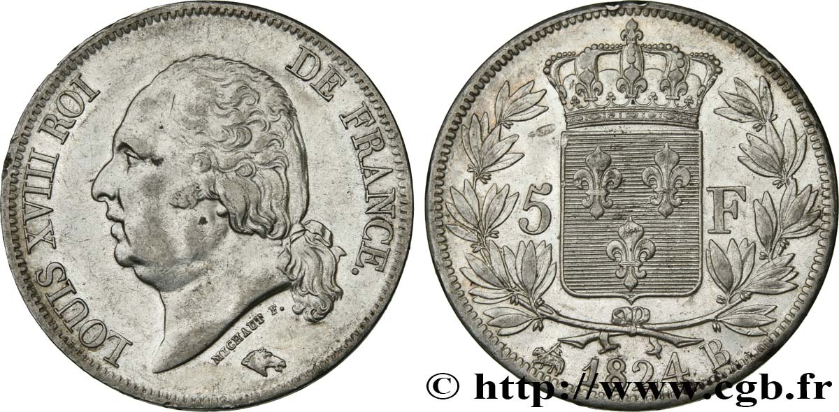 5 francs Louis XVIII, tête nue 1824 Rouen F.309/89 q.SPL 