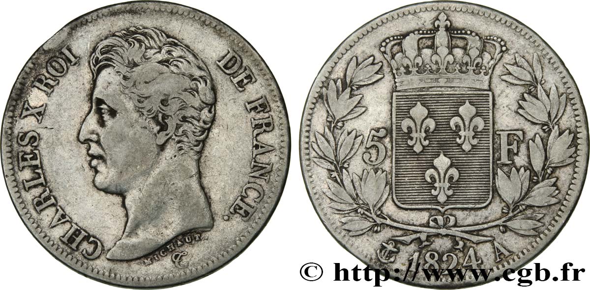 5 francs Charles X, 1er type 1824 Paris F.310/1 TB25 