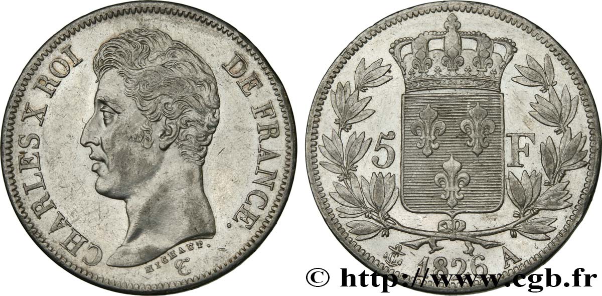 5 francs Charles X, 1er type 1826 Paris F.310/15 AU53 
