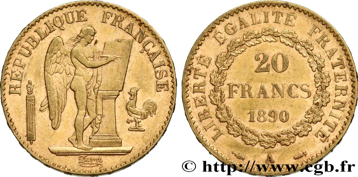 20 francs or Génie, Troisième République 1890 Paris F.533/14 SS52 