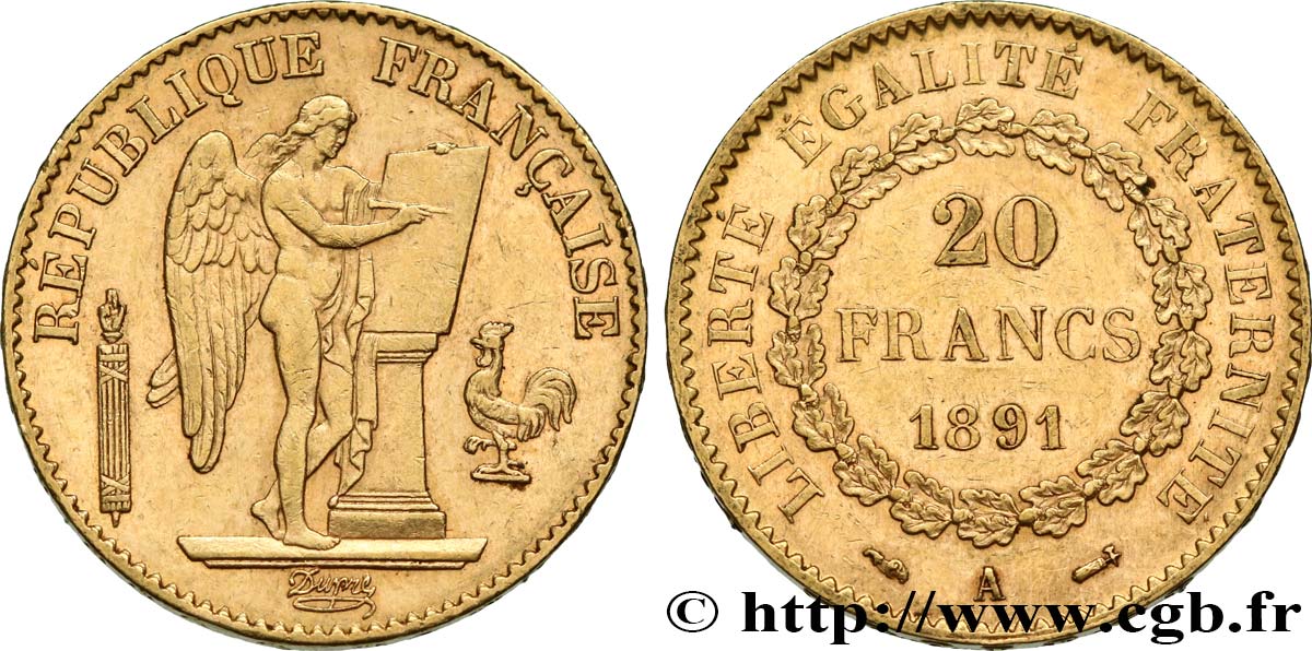 20 francs or Génie, Troisième République 1891 Paris F.533/15 TTB52 