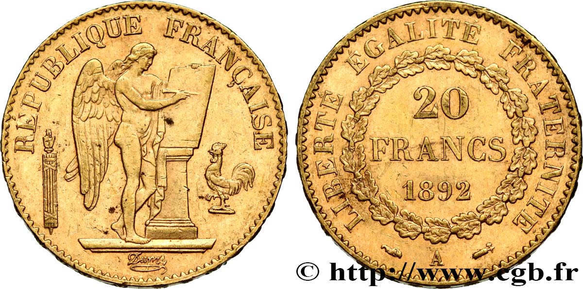 20 francs or Génie, Troisième République 1892 Paris F.533/16 SS52 