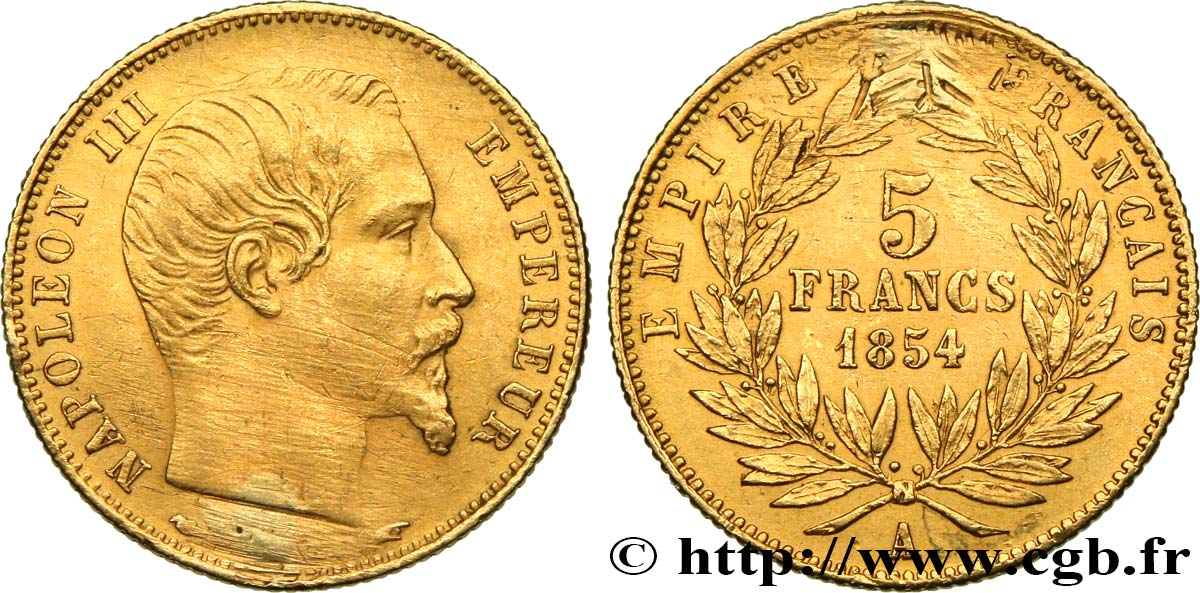 5 francs or Napoléon III, tête nue, petit module, tranche cannelée 1854 Paris F.500A/1 VF 