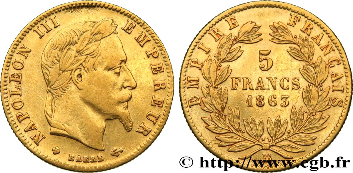 5 francs or Napoléon III, tête laurée 1863 Strasbourg F.502/4 XF45 