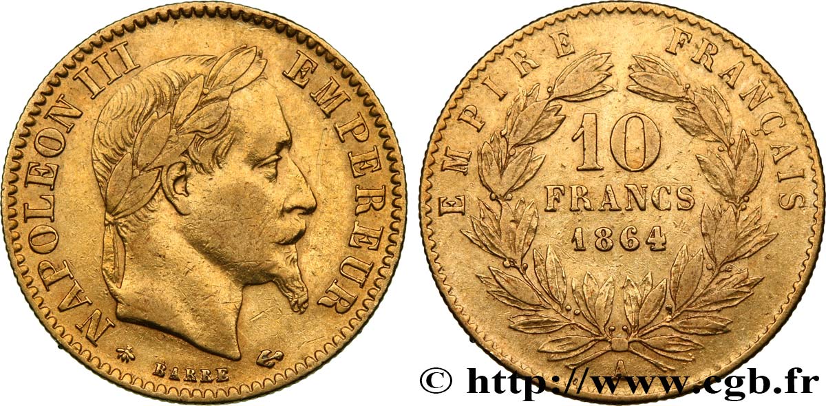 10 francs or Napoléon III, tête laurée, type définitif à grand 10 1864 Paris F.507A/6 VF 
