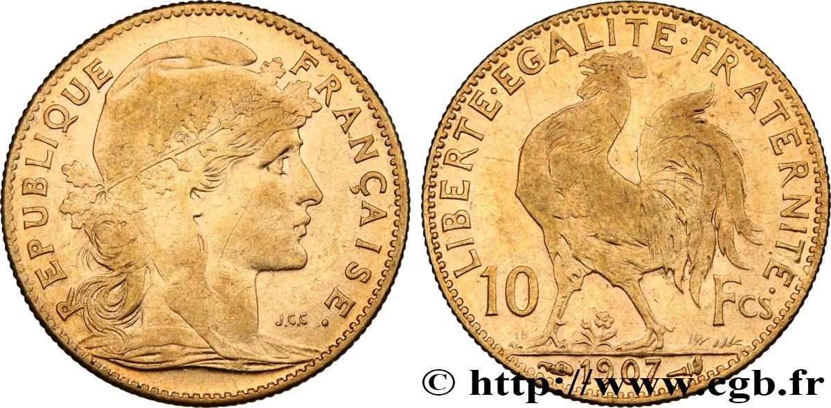 10 francs or Coq 1907 Paris F.509/8 BB45 