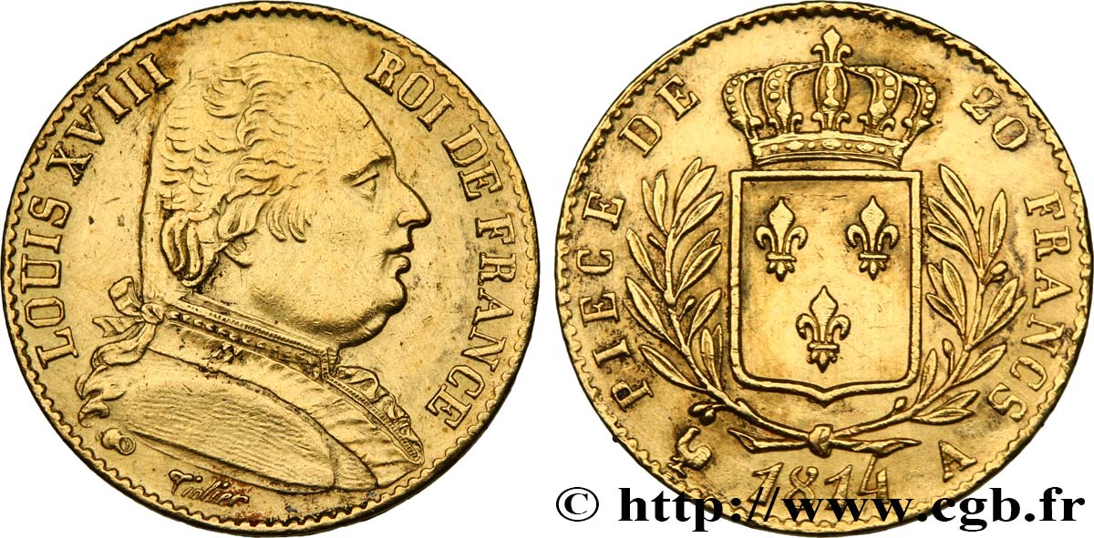 20 francs or Louis XVIII, buste habillé 1814 Paris F.517/1 fVZ 