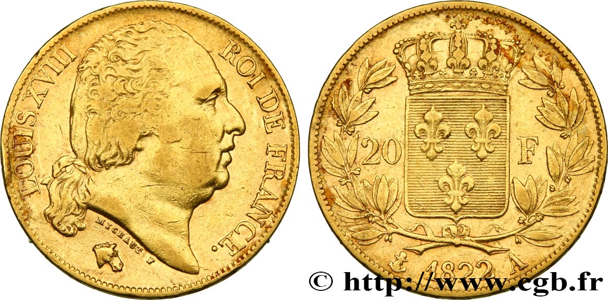 20 francs or Louis XVIII, tête nue 1822 Paris F.519/26 MBC45 