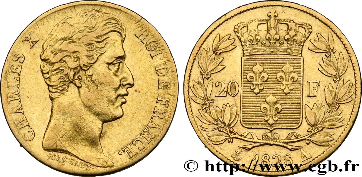 20 francs or Charles X, matrice du revers à quatre feuilles et demie 1828 Paris F.520/8 XF48 