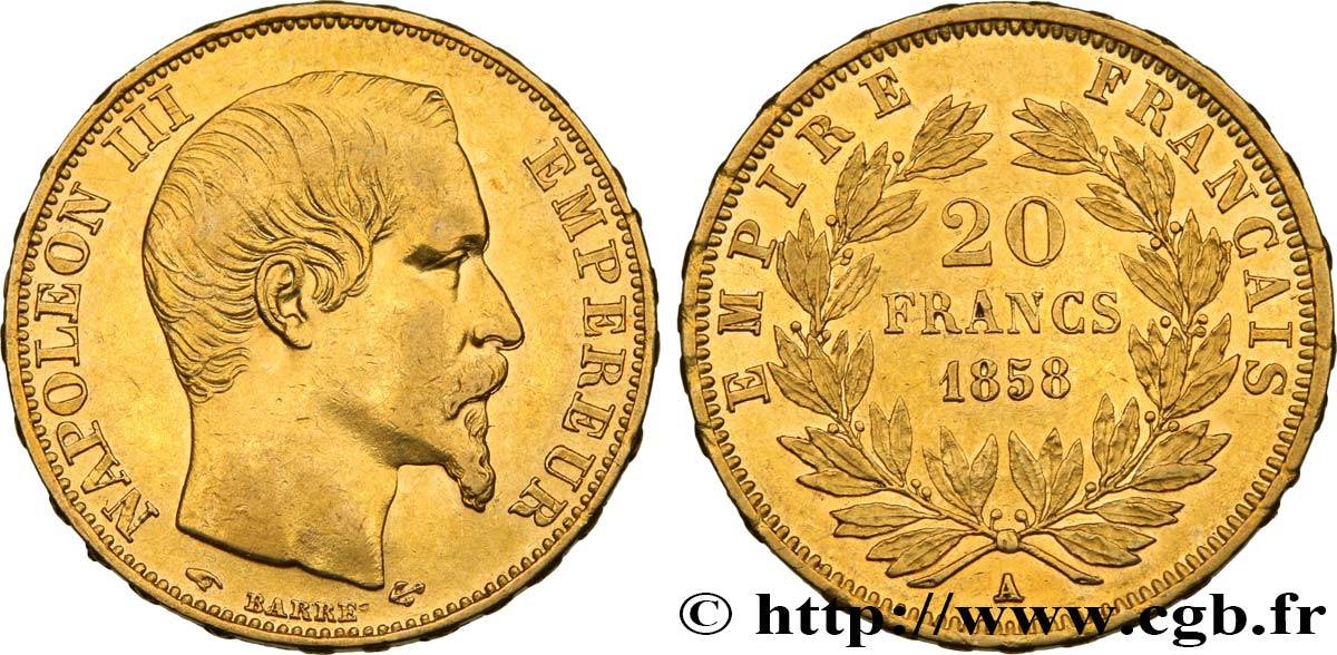 20 francs or Napoléon III, tête nue 1858 Paris F.531/13 XF48 