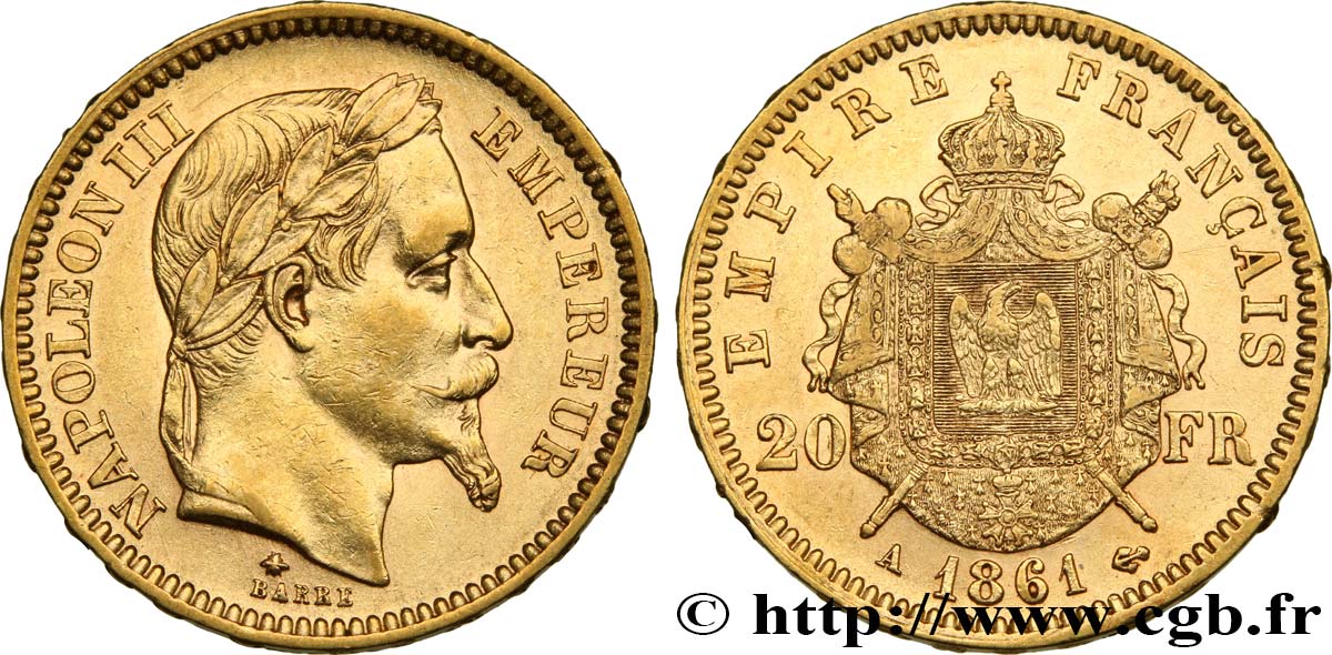 20 francs or Napoléon III, tête laurée 1861 Paris F.532/1 AU50 