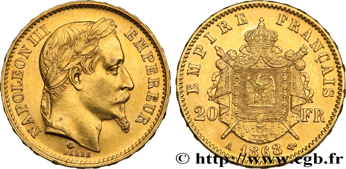 20 francs or Napoléon III, tête laurée 1868 Paris F.532/18 AU55 